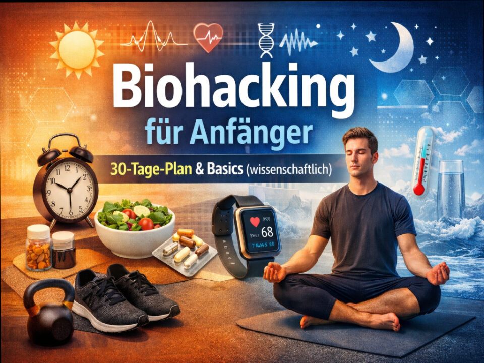 Biohacking für Anfänger – Illustration zu Schlaf, Ernährung, Bewegung, Fokus und Tracking als wissenschaftlich fundierte Grundlagen