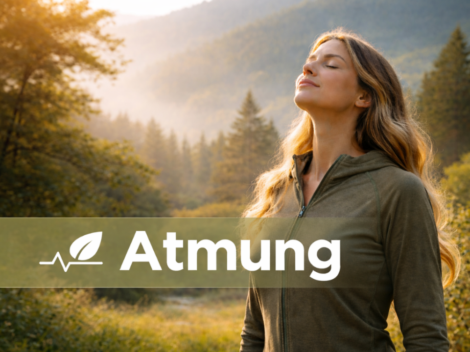 Frau atmet ruhig in einer natürlichen Landschaft, symbolisch für Atmung, Entspannung und Stressregulation.