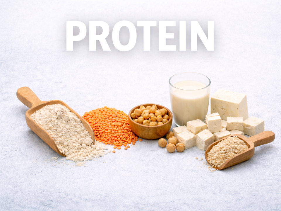 Pflanzliche Proteinquellen mit Linsen, Kichererbsen, Tofu und Proteinpulver