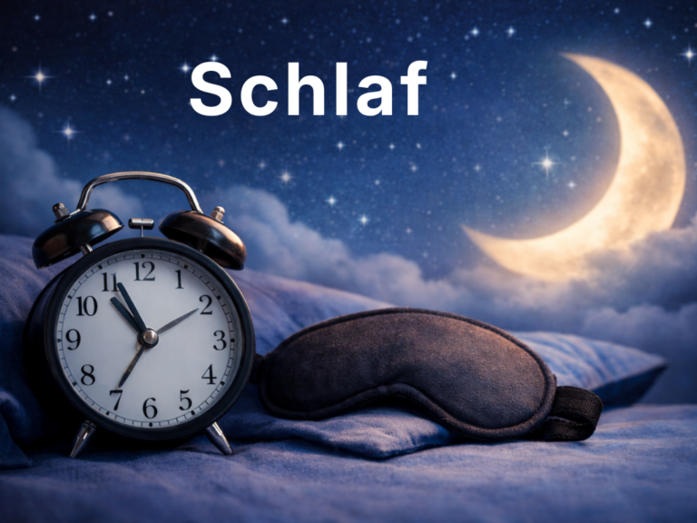 Nachtszene mit Wecker und Schlafmaske auf einem Bett vor einem sternklaren Himmel mit Mond, symbolisiert Ruhe und gesunden Schlaf.
