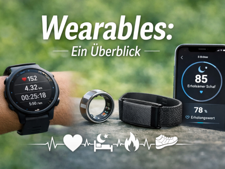 Wearables Überblick mit Sportuhr, smartem Ring und Fitnessband zur Darstellung von Tracking für Schlaf, Training und Erholung