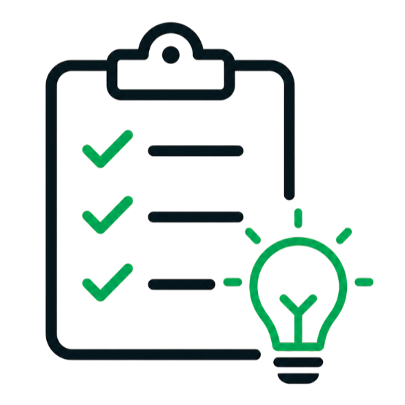 Checkliste & Praxis-Tipps – Symbol mit Klemmbrett, Haken und Glühbirne